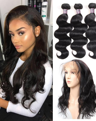 Virgin Indian Body Wave Hair 3 Bundles with 360 Lace Frontal Hair