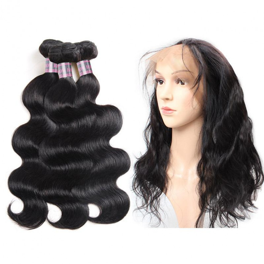 Virgin Indian Body Wave Hair 3 Bundles with 360 Lace Frontal Hair