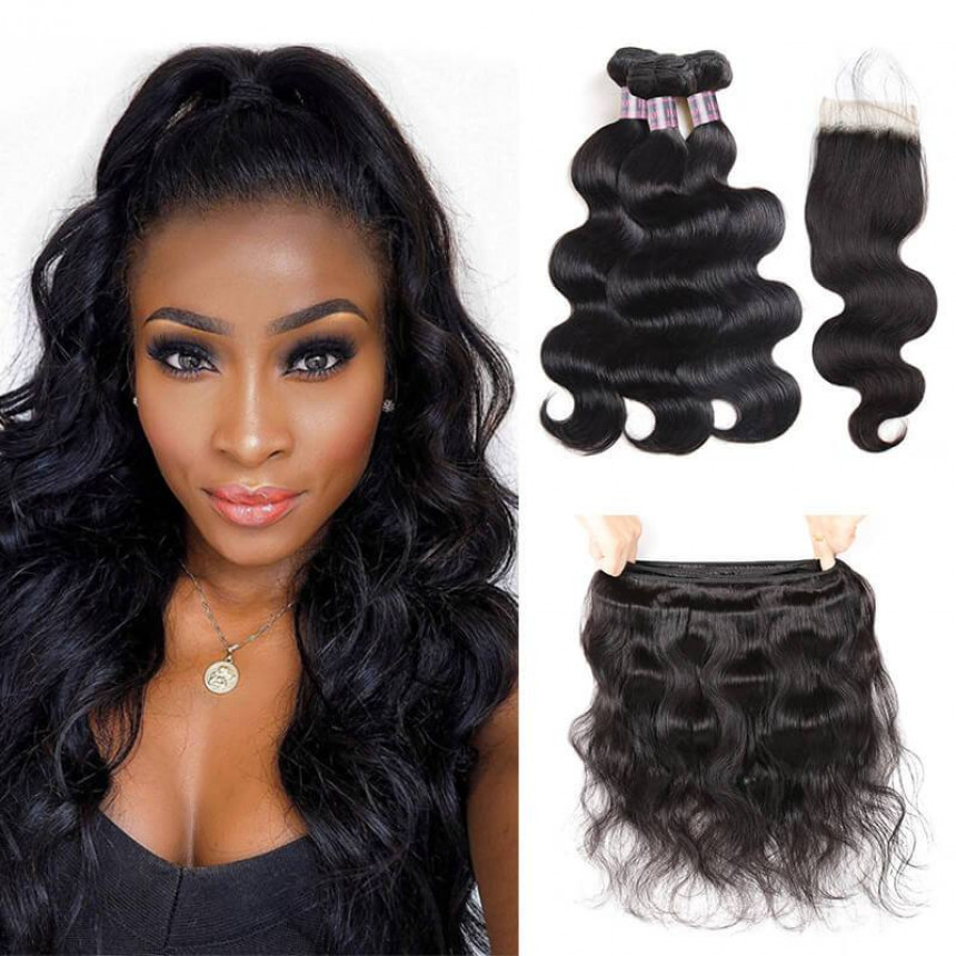 indian hair body wave 3 bundles with lace closure