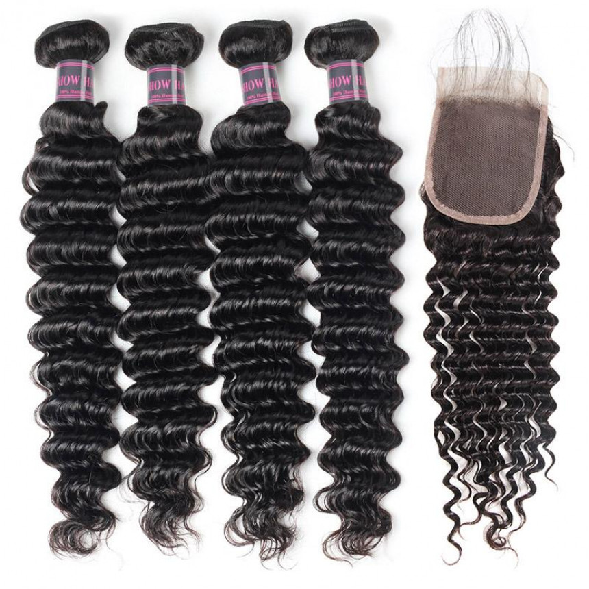 indian deep wave 4 bundles with lace closure