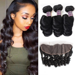 indian hair loose wave 3 bundles with lace frontal