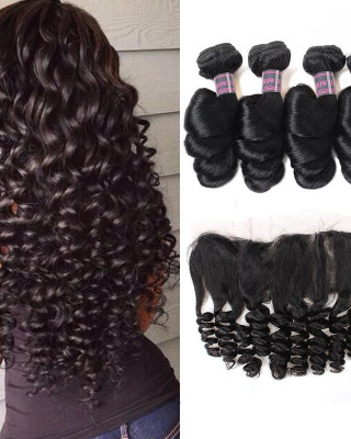 indian hair loose wave 4 bundles with lace frontal