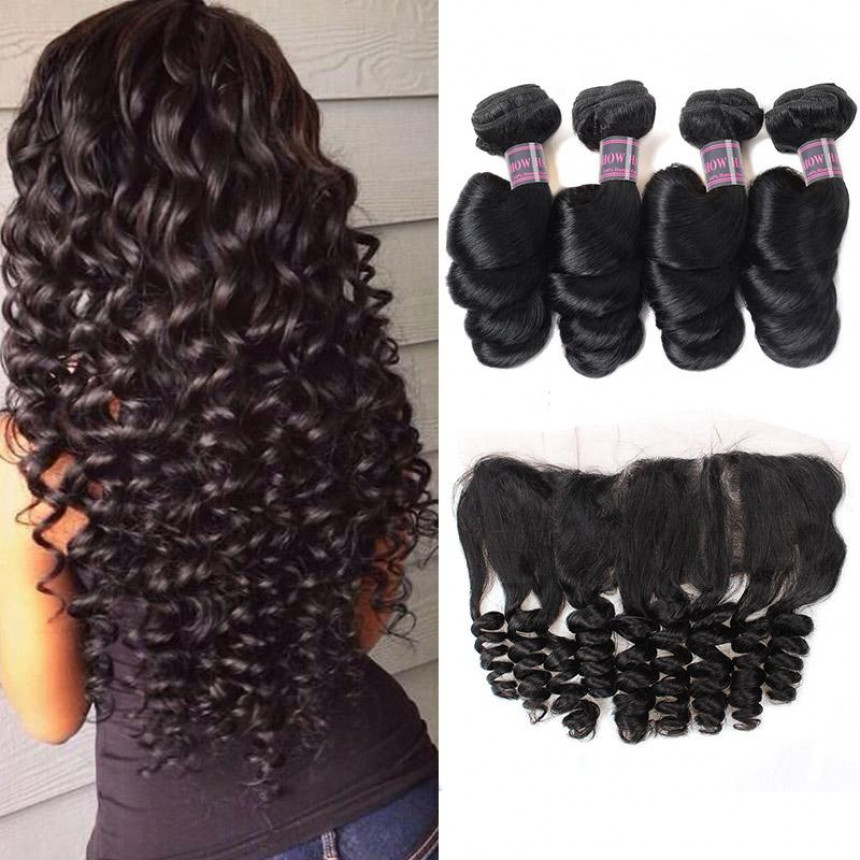 indian hair loose wave 4 bundles with lace frontal