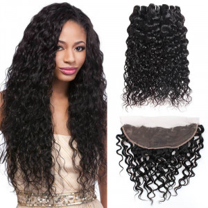 indian hair water wave 3 bundles with 4x13 lace frontal