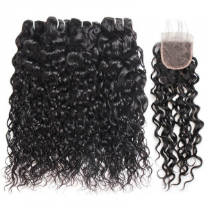 indian hair water wave 4 bundles with lace closure