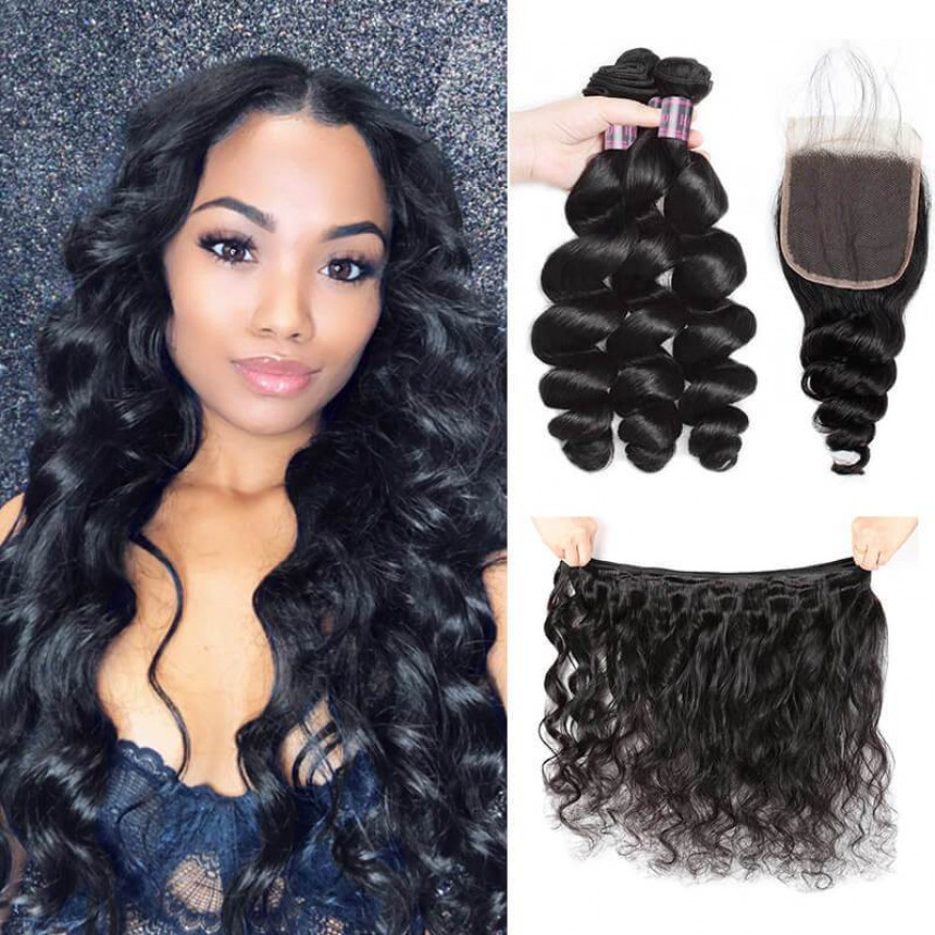 indian loose wave hair 3 bundles with 4 4 lace closure