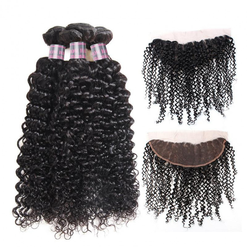 Curly Hair Frontal Malaysian Weave Hair 3 Bundles with 13*4 Lace Frontal