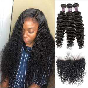 Deep Wave Malaysian Hair 3 Bundles With 13*4 Lace Frontal