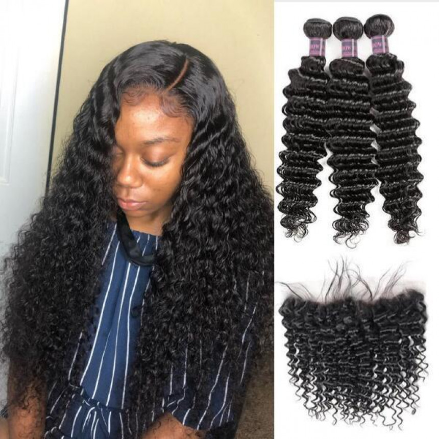 Deep Wave Malaysian Hair 3 Bundles With 13*4 Lace Frontal