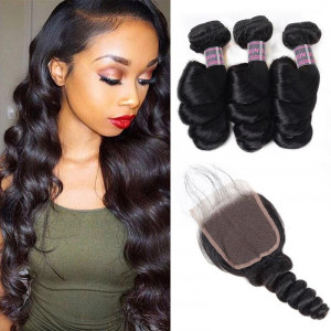 malaysian hair loose wave 3 bundles with lace closure