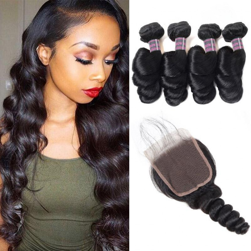 malaysian hair loose wave 4 bundles with lace closure