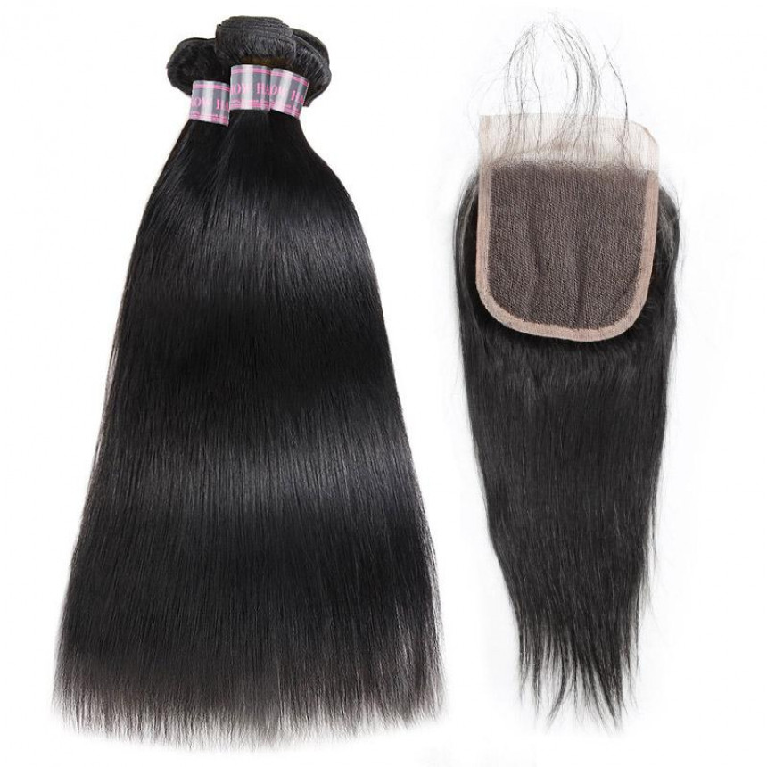 malaysian straight hair 3 bundles with 4X4 lace closure