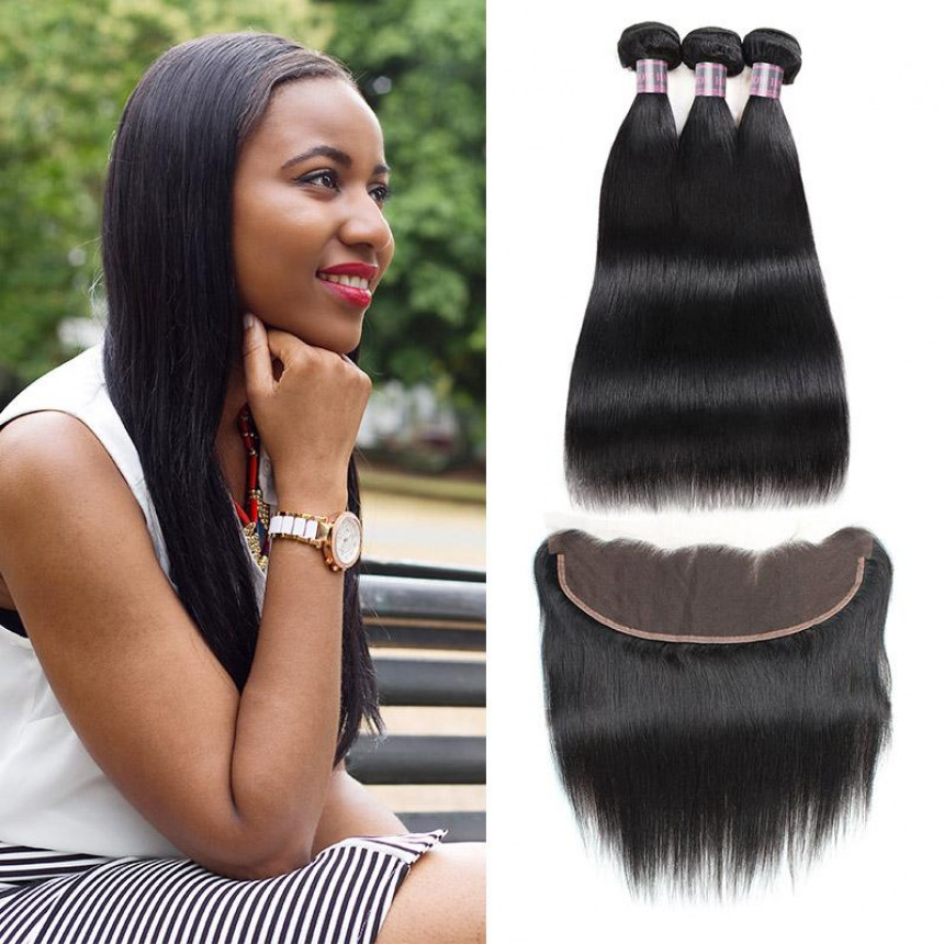 malaysian straight hair 3 bundles with 4x13 lace frontal