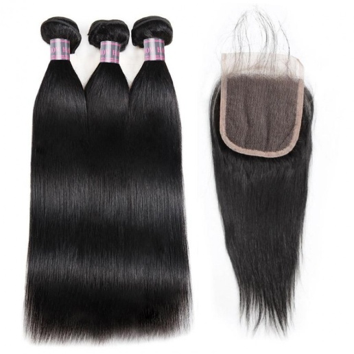 malaysian straight hair weave 3 bundles with 4x4 lace closure