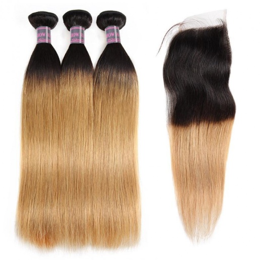 Ombre Hair Bundles With Closure 100% Virgin Remy Human Hair Straight 3 Bundles With 4x4 Lace Closure