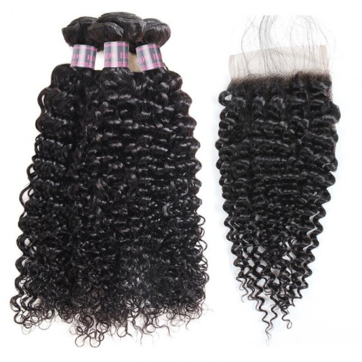 Virgin Peruvian Curly Hair 3 Bundles with 4x4 Lace Closure Human Hair Extensions