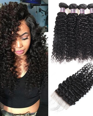 Virgin Peruvian Curly Human Hair 4 Bundles with 4*4 Lace Closure