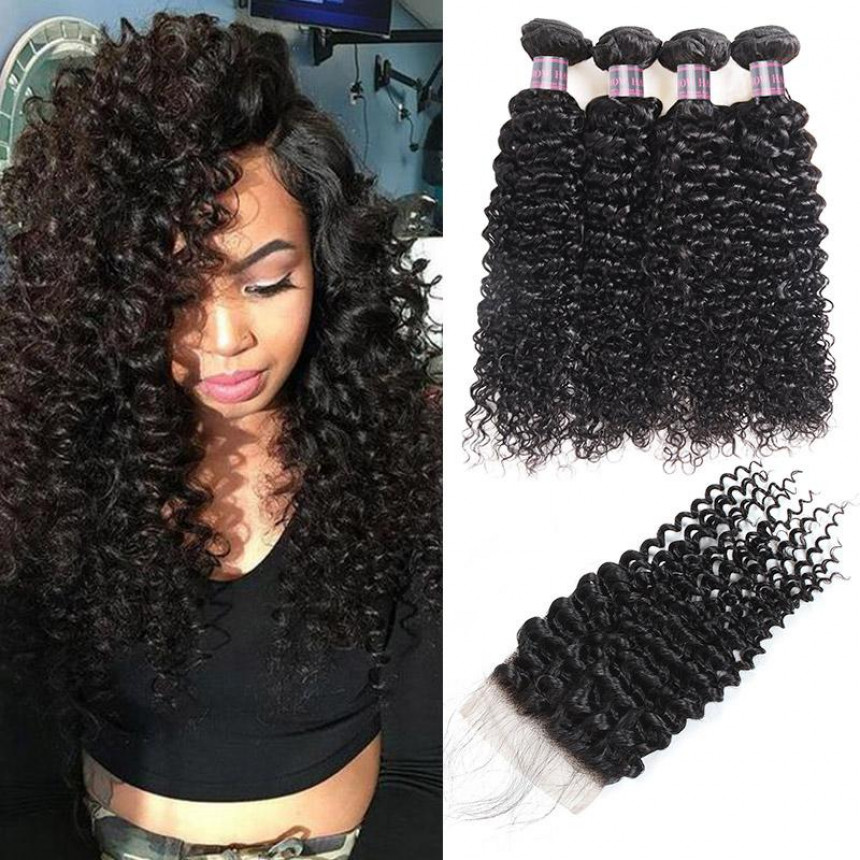 Virgin Peruvian Curly Human Hair 4 Bundles with 4*4 Lace Closure