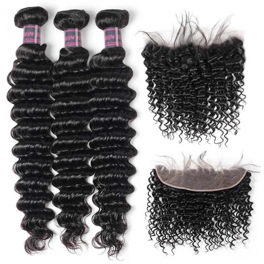 Virgin Peruvian Deep Wave Hair Weave 3 Bundles With 13*4 Lace Frontal Closure