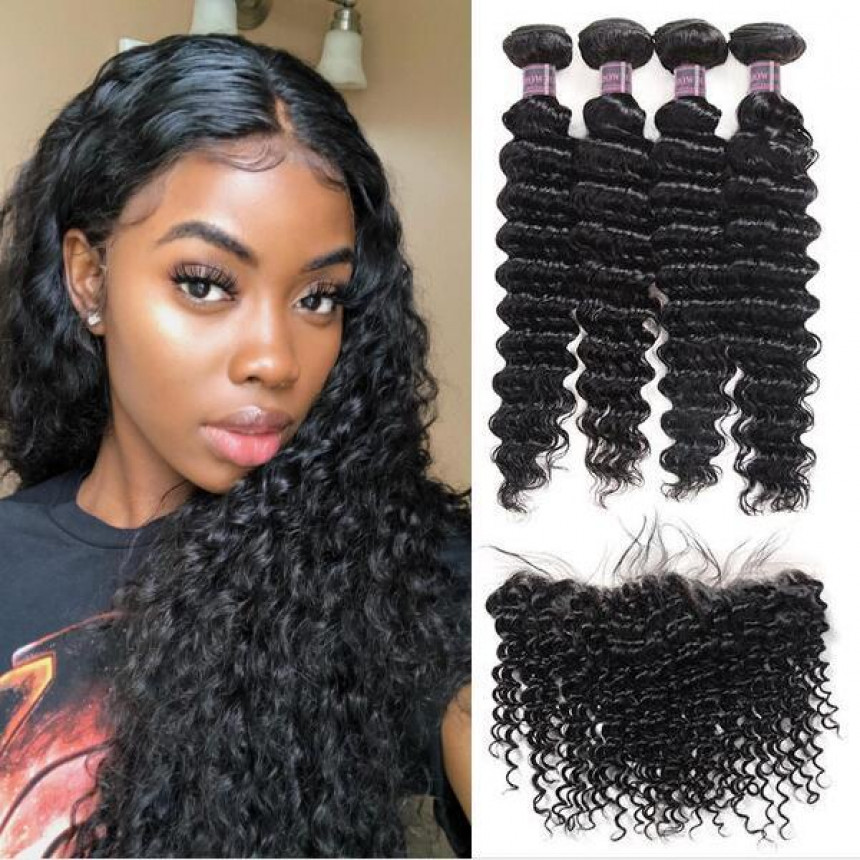 Virgin Peruvian Deep Wave Hair 4 Bundles With 13*4 Lace Frontal