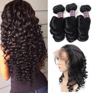 Peruvian Loose Wave Hair 3 Bundles With 360 Lace Frontal Ishow Human Hair Bundles