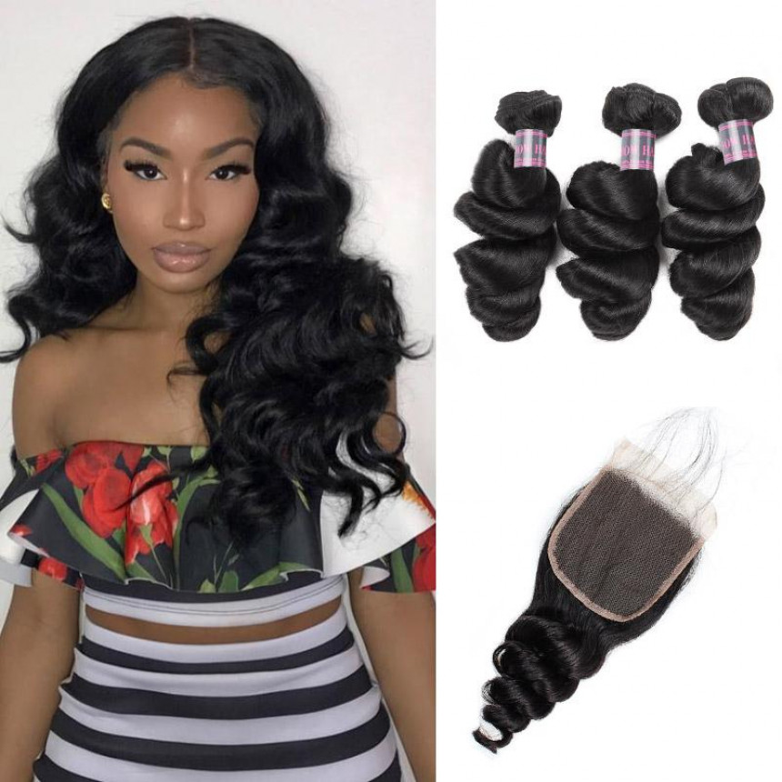 Virgin Peruvian Loose Wave 3 Bundles with 4*4 Lace Closure Hair Deals