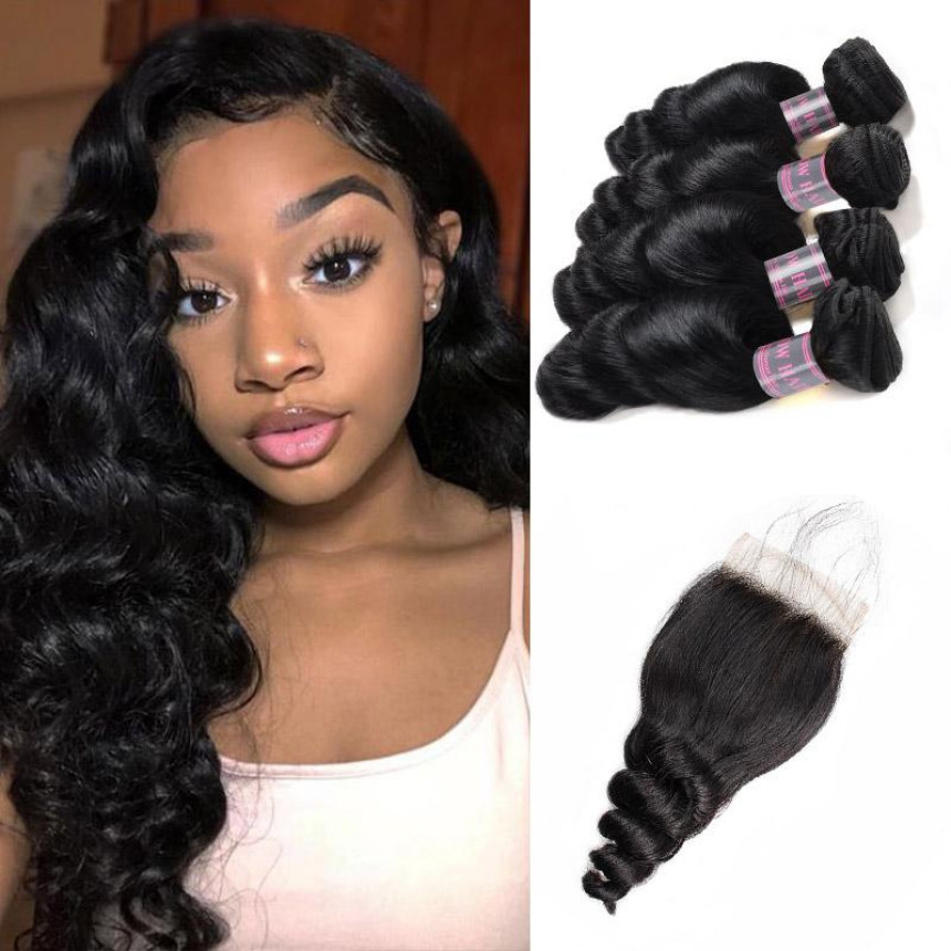 Peruvian Loose Wave Hair 4 Bundles With 4*4 Lace Closure Virgin Human Hair