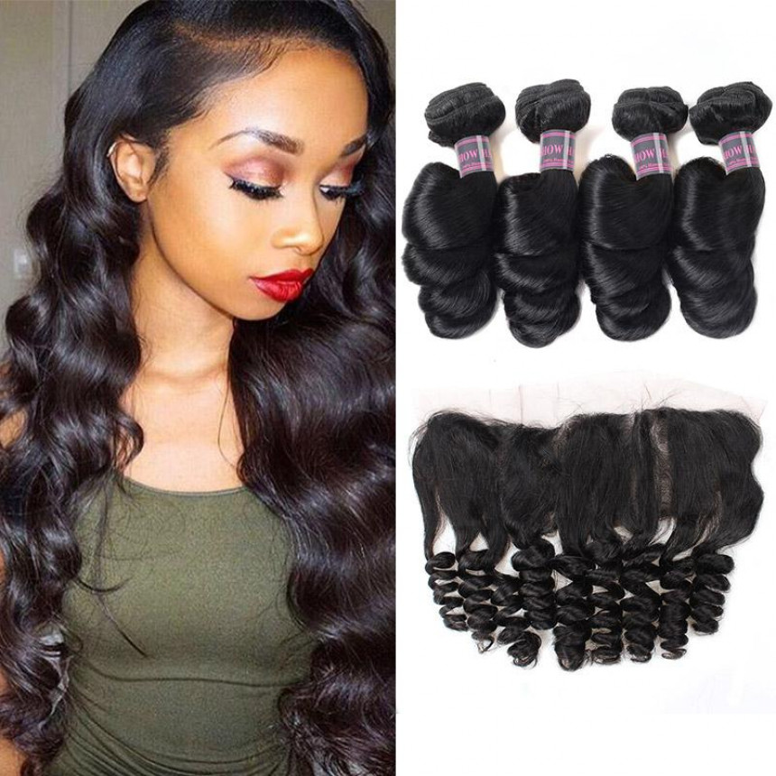 Peruvian Loose Wave 4 Bundles with 13*4 Lace Frontal Closure