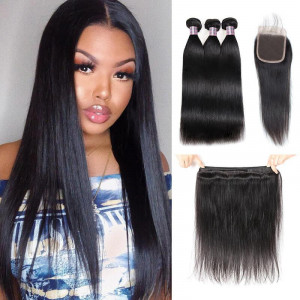 Peruvian Straight Hair 3 Bundles With Lace Closure