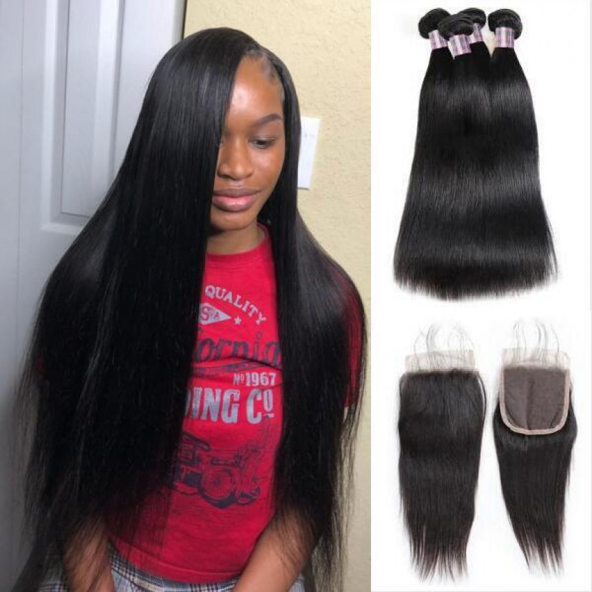 Virgin Peruvian Straight Human Hair 4 Bundles With Lace Closure