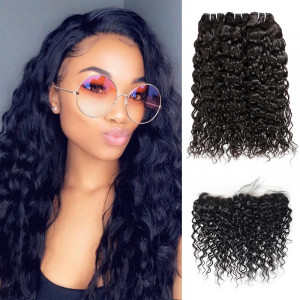 Peruvian Water Wave Ear to Ear Lace Frontal with 3 Bundles Hair Extensions 100% Remy Virgin Human Hair Bundles