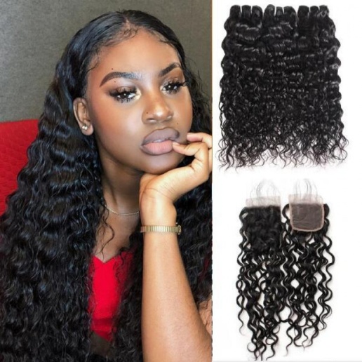 Peruvian Hair Water Wave 3 Bundles With Lace Closure