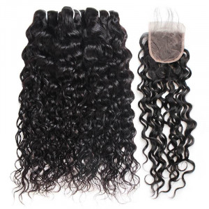 Peruvian Hair Water Wave 3 Bundles With Lace Closure