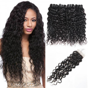 Peruvian Water Wave Hair Weave 4 Bundles With Free Part Lace Closure Remy Human Hair Extensions