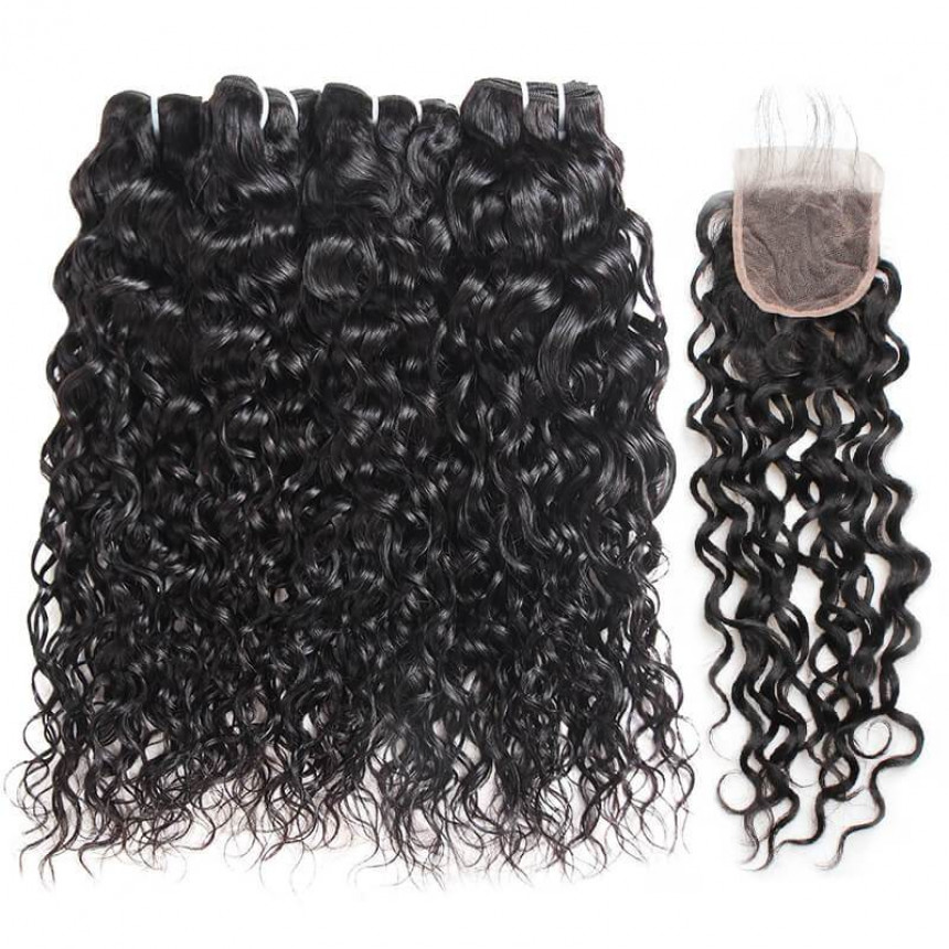 Peruvian Water Wave Hair Weave 4 Bundles With Free Part Lace Closure Remy Human Hair Extensions Peruvian Water Wave Hair Weave 4 Bundles With Free Part Lace Closure Remy Human Hair Extensions
