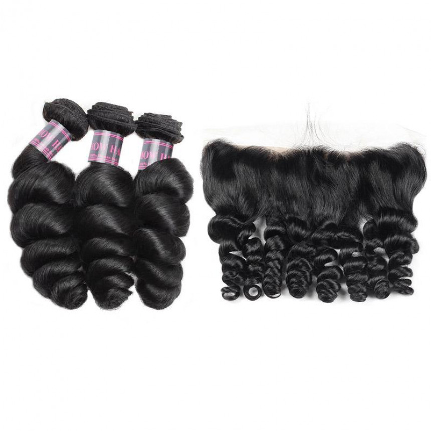 Virgin Peruvian Loose Wave 3 Bundles with 13*4 Ear To Ear Lace Frontal Closure