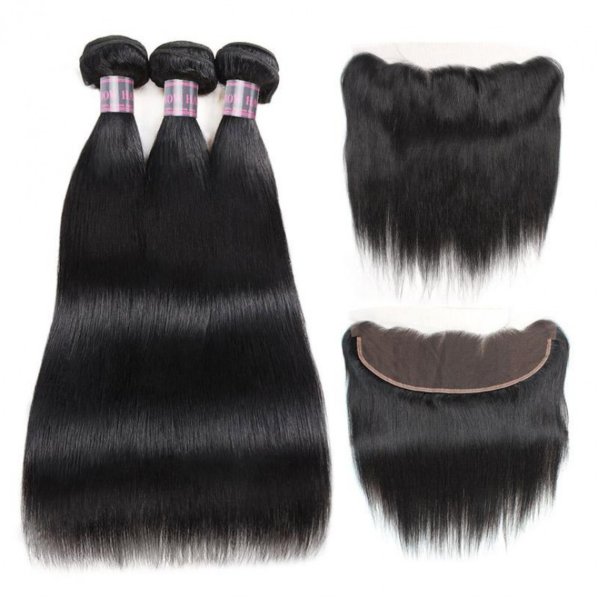 Virgin Peruvian Straight Hair 3 Bundles with 13*4 Lace Frontal