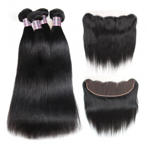 Peruvian Straight Hair Weave 4 Bundles With Ear to Ear Lace Frontal Closure 100% Remy Virgin Human Hair Bundles