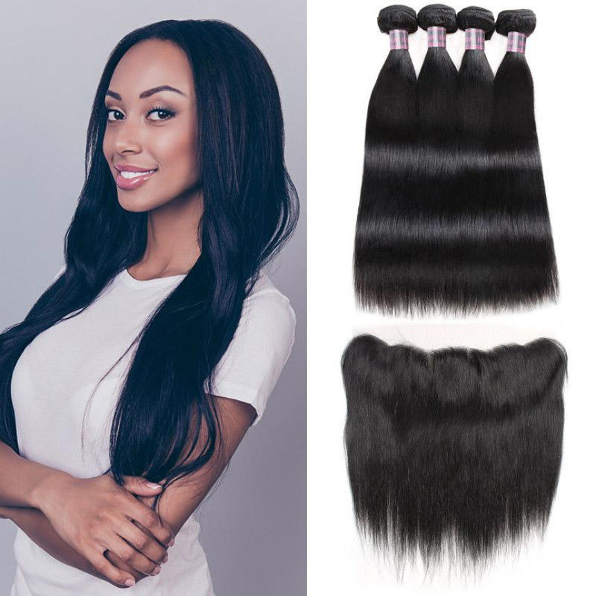 Peruvian Straight Hair Weave 4 Bundles With Ear to Ear Lace Frontal Closure 100% Remy Virgin Human Hair Bundles