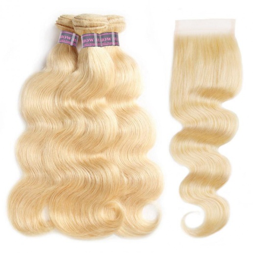613 Blonde Hair Body Wave 3 Bundles With Lace Closure Hair