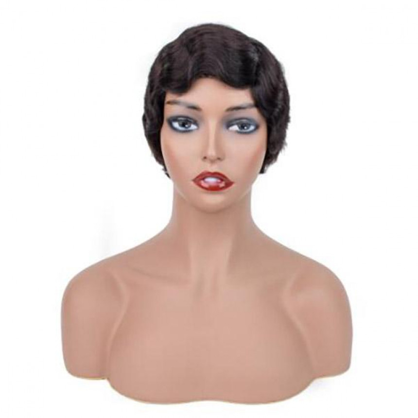 Short Human Hair Wigs Finger Wave Machine Made Virgin Remy Hair Wig