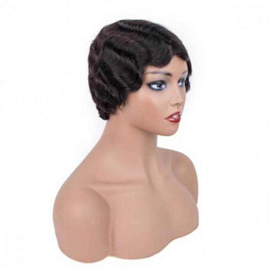 Short Human Hair Wigs Finger Wave Machine Made Virgin Remy Hair Wig