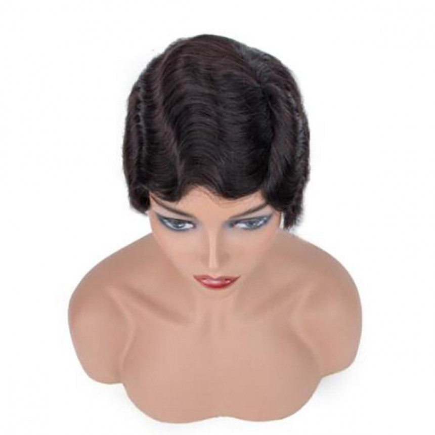 Short Human Hair Wigs Finger Wave Machine Made Virgin Remy Hair Wig