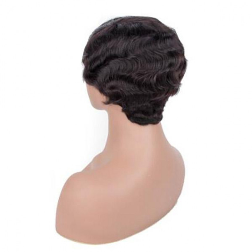 Short Human Hair Wigs Finger Wave Machine Made Virgin Remy Hair Wig