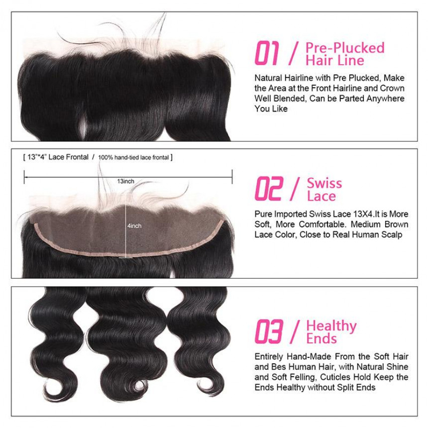 Brazilian Body Wave 3 Bundles with 13*4 Lace Frontal Closure 