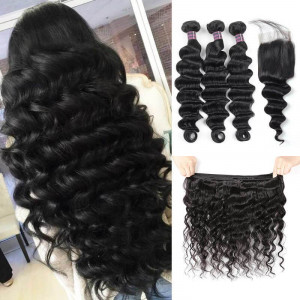 virgin brazilian loose deep wave hair 3 bundles with lace closure