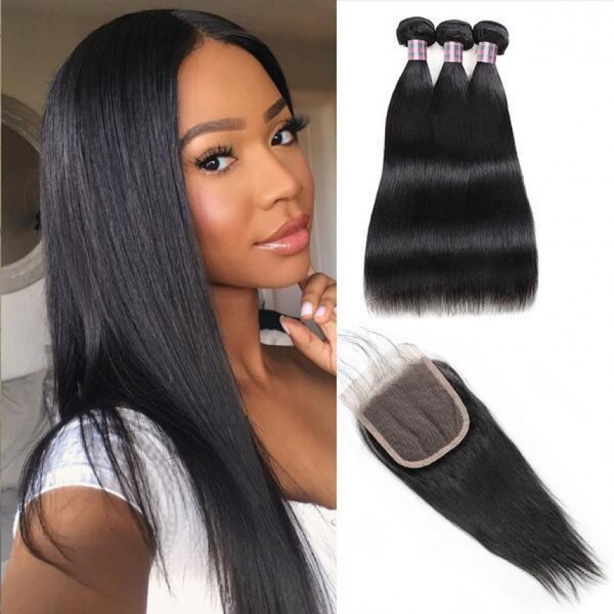 virgin brazilian straight hair 3 bundles with 4 4 lace closure  human hair