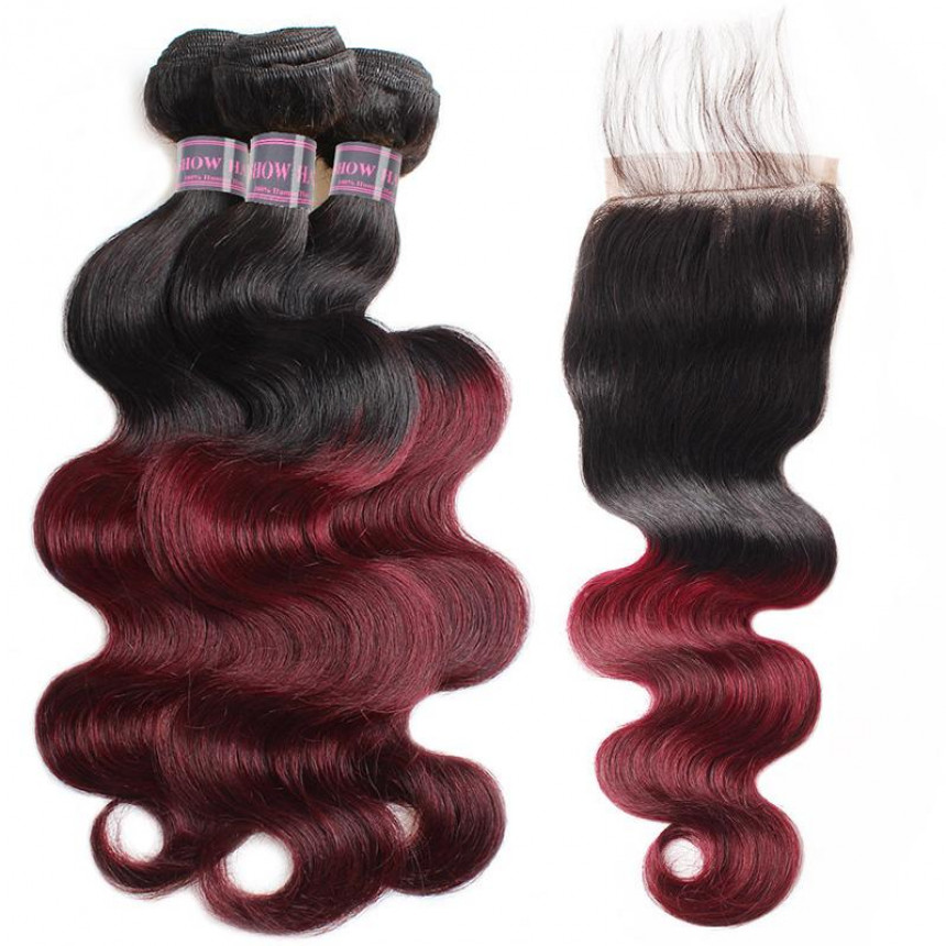 virgin remy hair 99j ombre burgundy color body wave 3 bundles with 4 4 lace closure