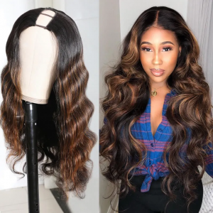 U Part Body Wave Wig Human Hair Wigs Dark Auburn 100% Human Hair Super Soft