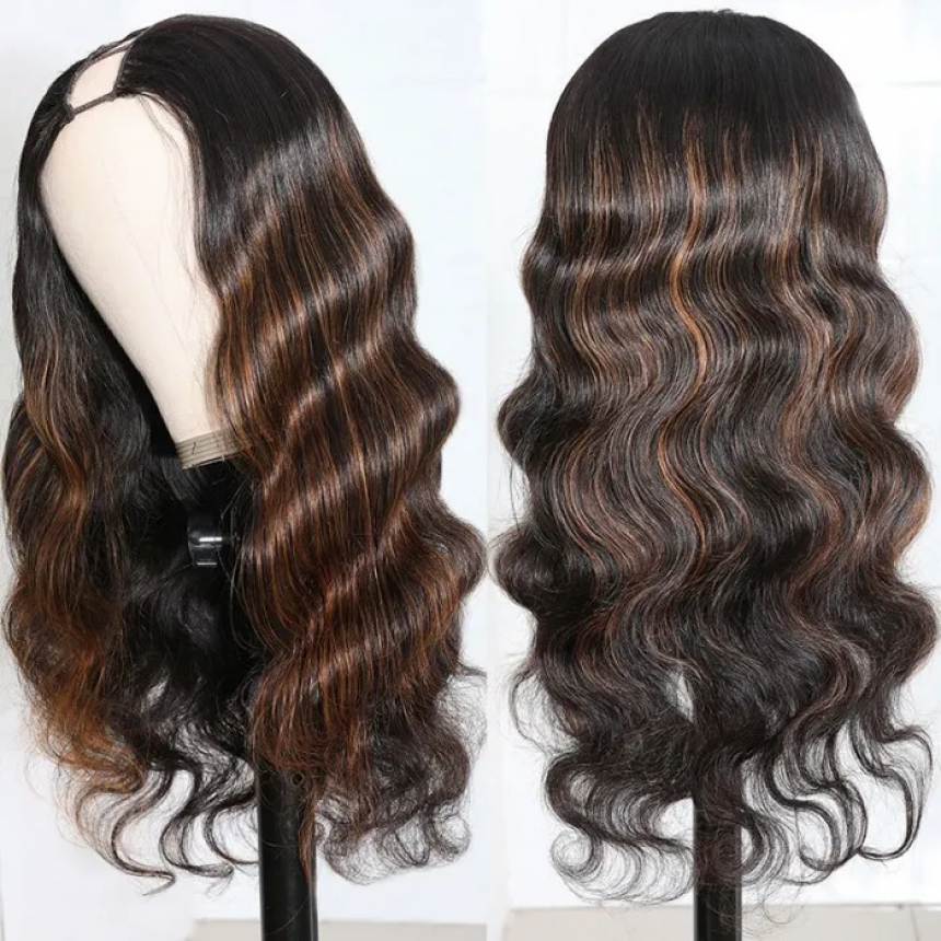 U Part Body Wave Wig Human Hair Wigs Dark Auburn 100% Human Hair Super Soft